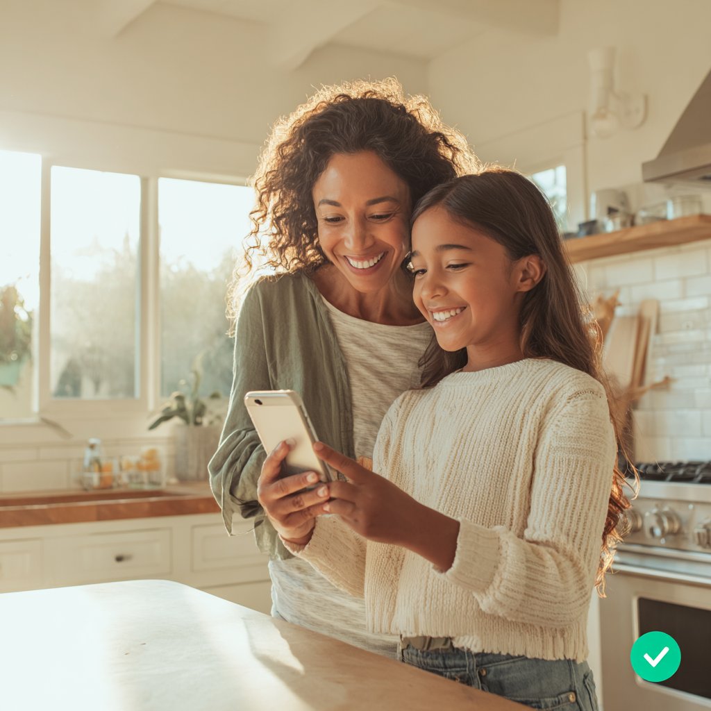 Mom and daughter smiling looking at chore approval on phone